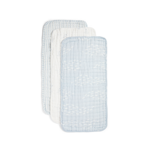 ORGANIC MUSLIN BURP CLOTHS, 3 PACK (POWDER BLUE + CREAM)
