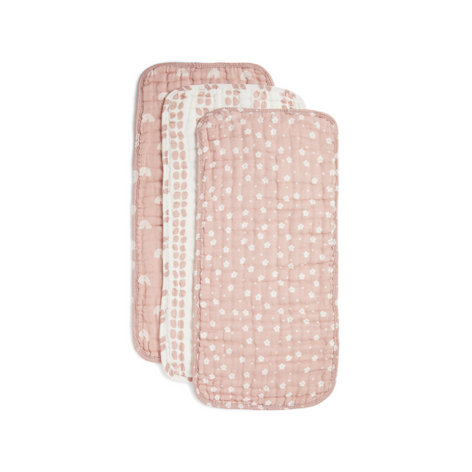 ORGANIC MUSLIN BURP CLOTHS, 3 PACK (DESERT PINK + IVORY)