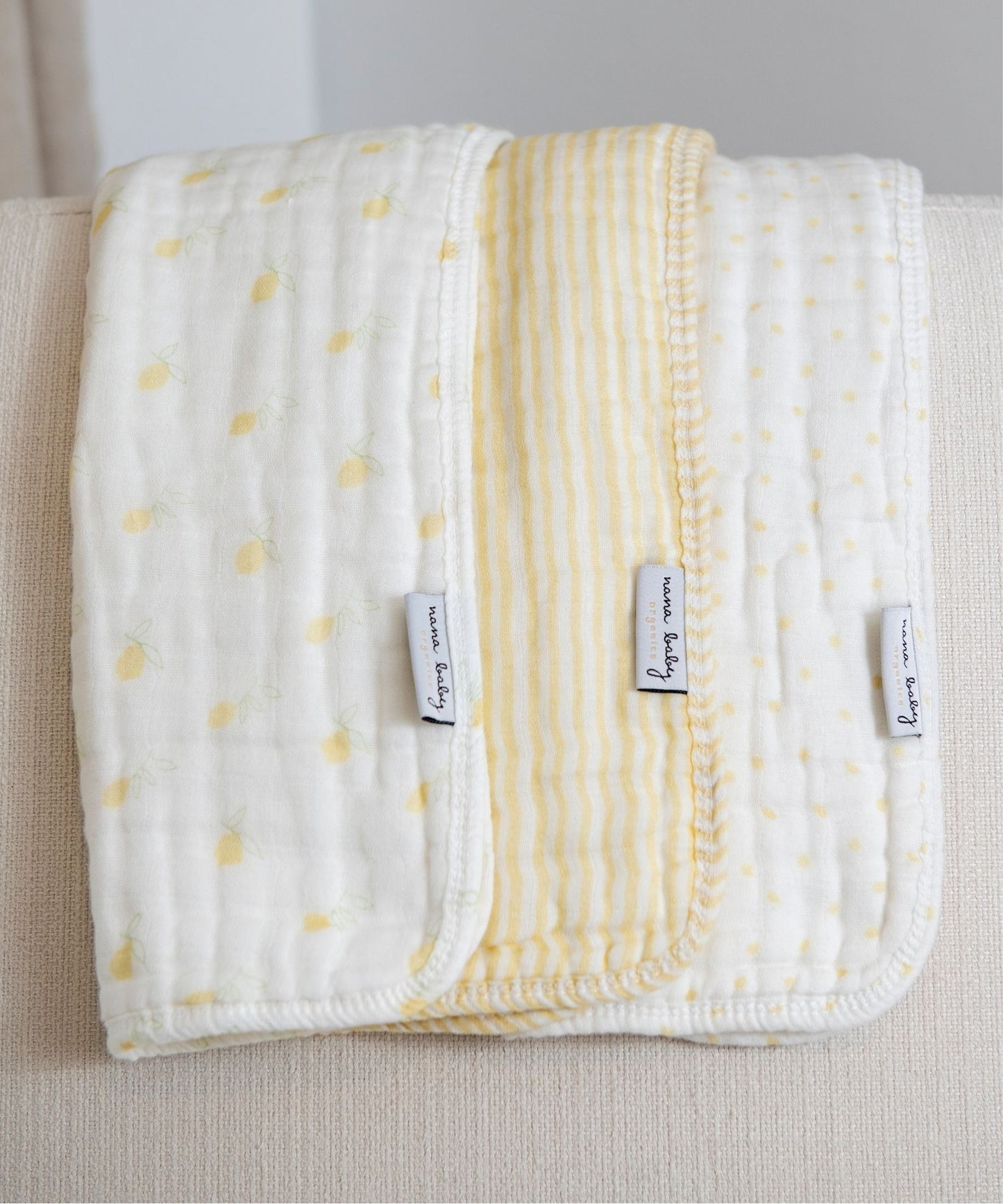 ORGANIC MUSLIN BURP CLOTHS, 3 PACK (BUTTER YELLOW + CREAM)